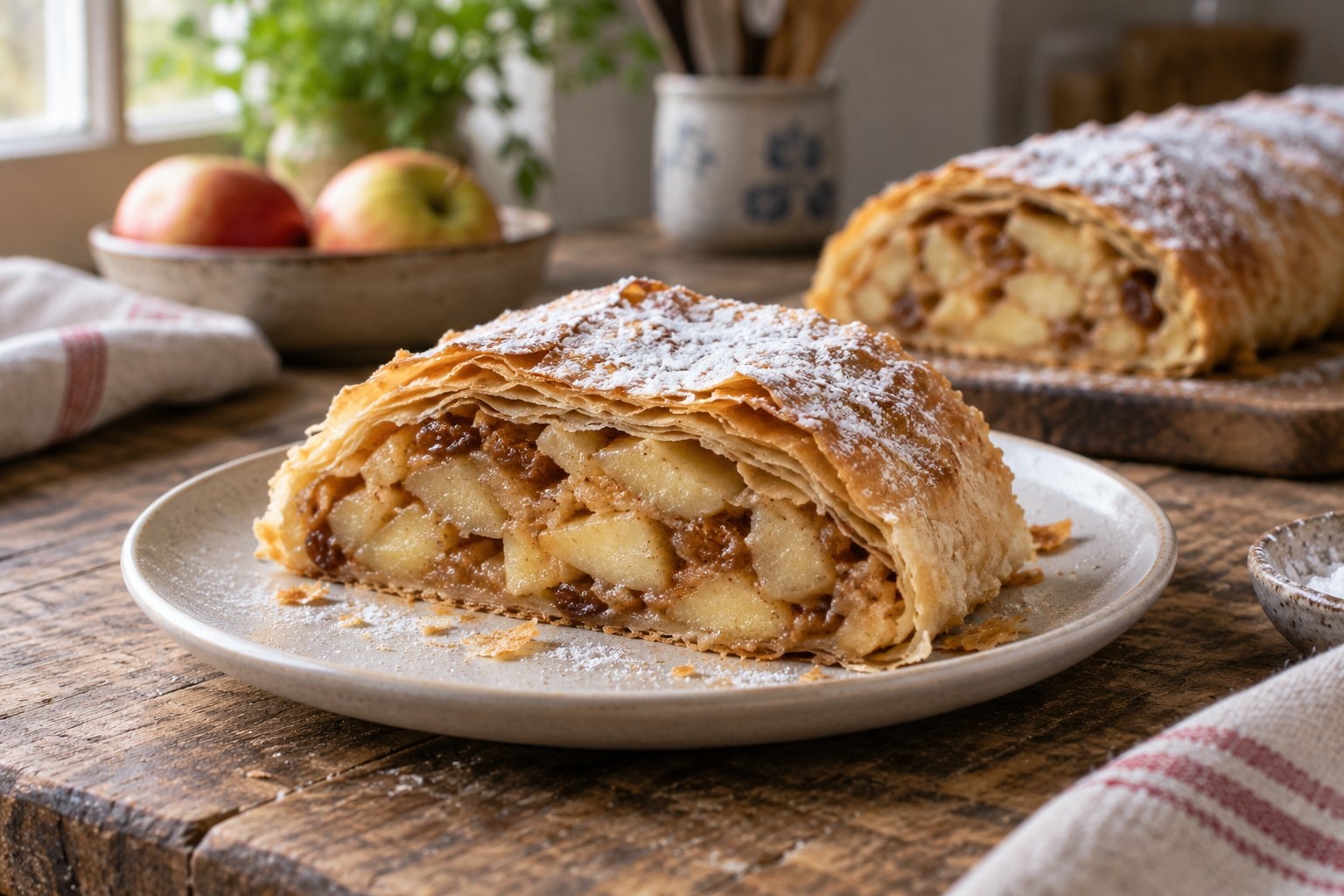 A slice of apple strudel showing thin pastry layers and apple filling