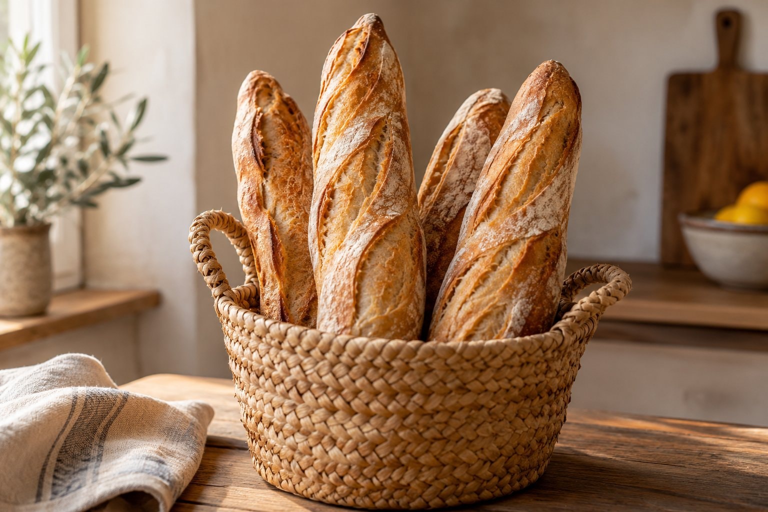 Long baguettes standing in a plain woven basket