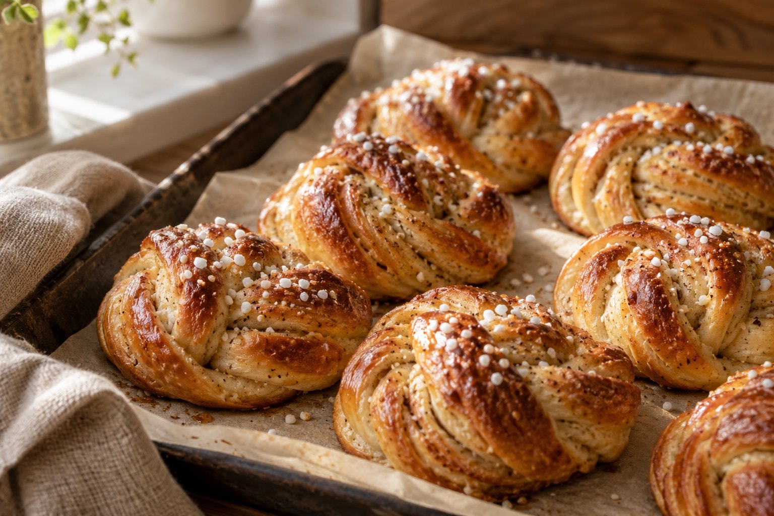 Golden cardamom buns cooling on a tray