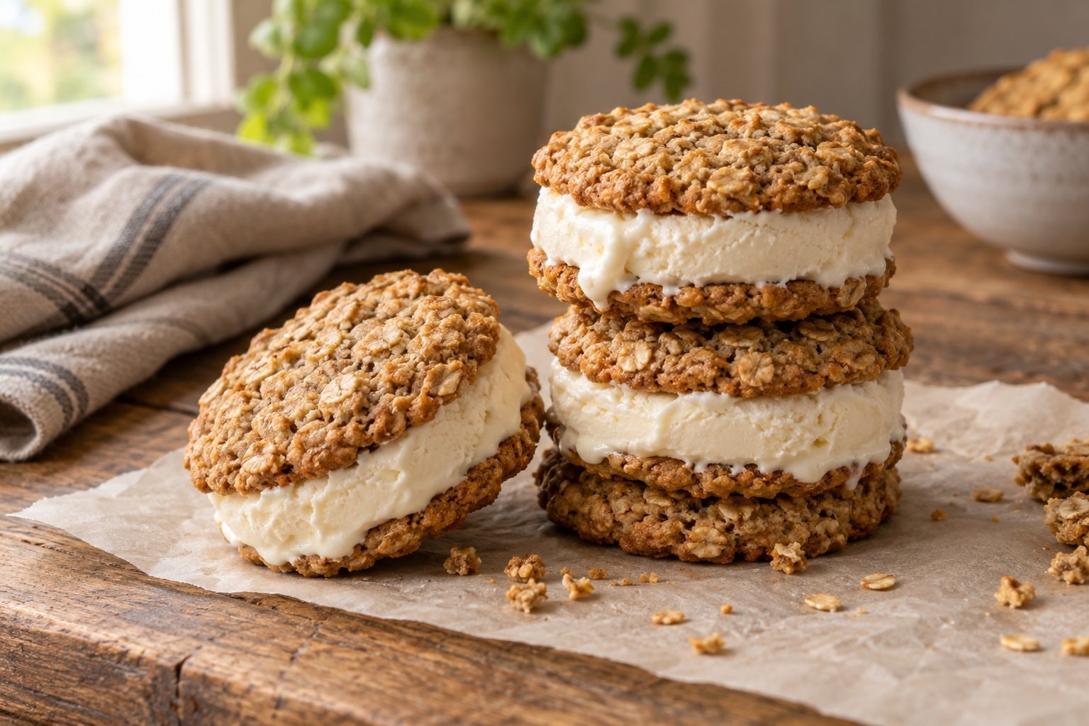 Oatmeal cookies filled with vanilla ice cream on parchment