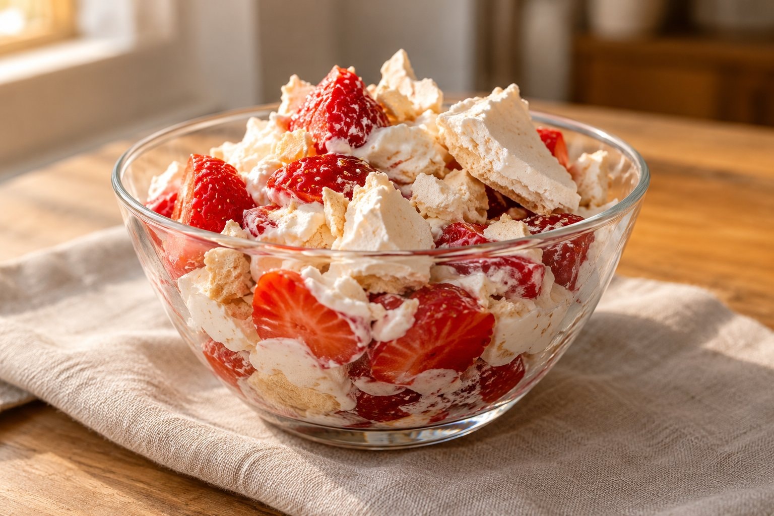 Strawberries, whipped cream and meringue pieces in a glass bowl